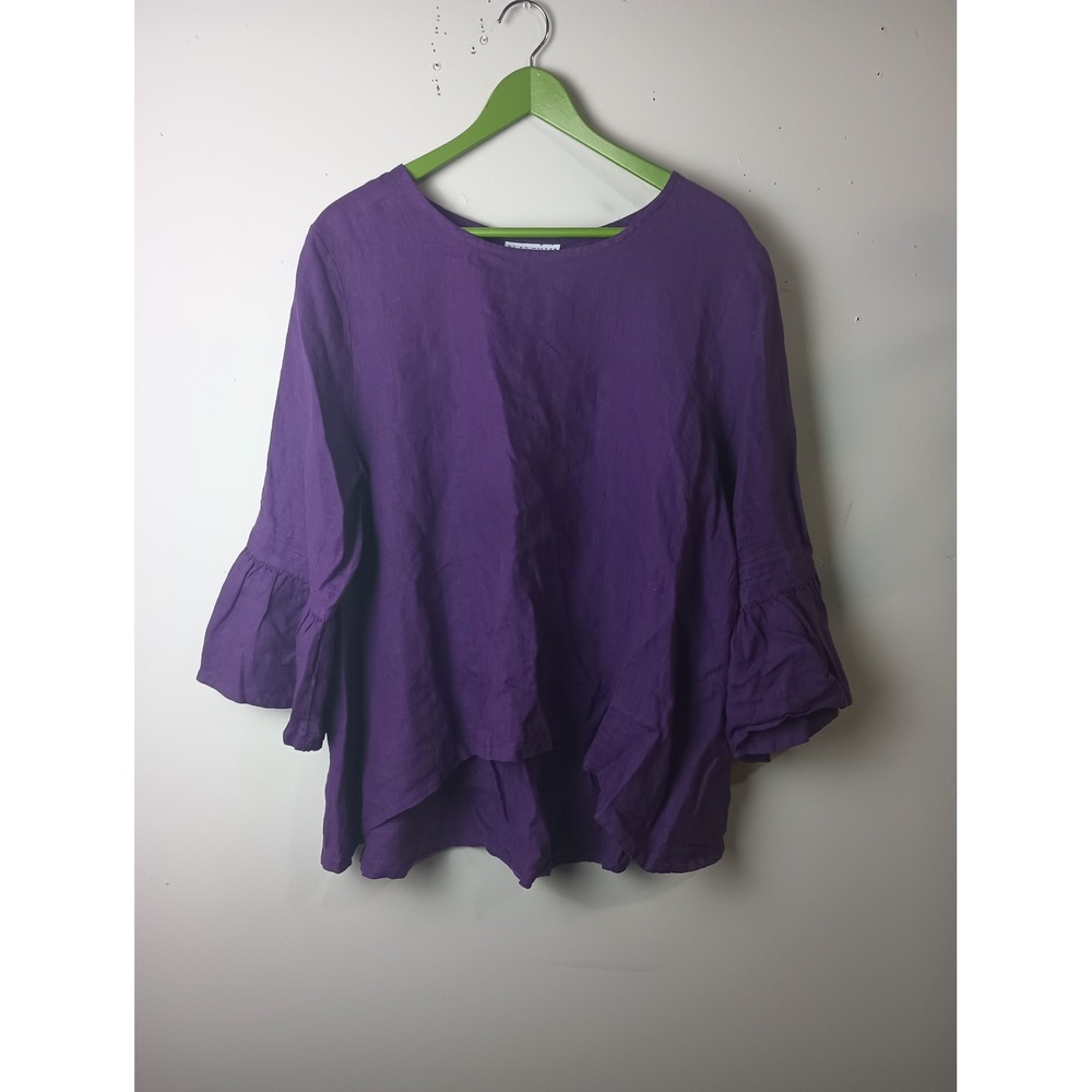 Bryn Walker Purple 100% Linen Ruffle Sleeve Asymmetrical Blouse Top Large L USA